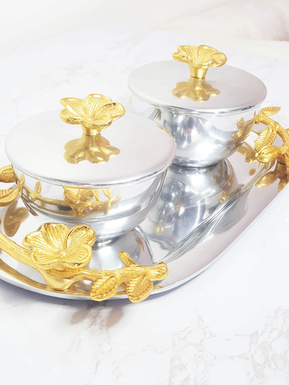 Ensemble plateau et pots silver/gold